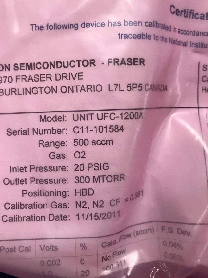 Used Unit UFC-1200A Mass Flow Controller, O2, 500 SCCM Refurbished
