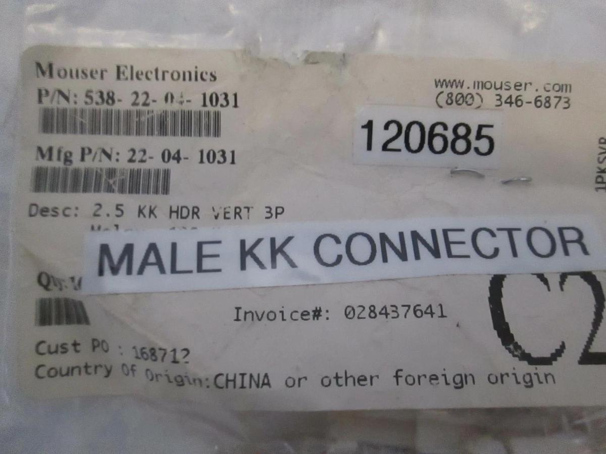 Mouser Electronics Male KK Connector, 2.5 KK HDR Vert 3P, New Lot of 30