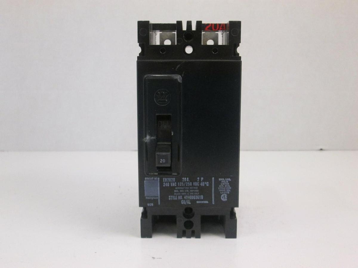 Used Westinghouse EB2020 Circuit Breaker, 240 VAC 20A, 2 Pole