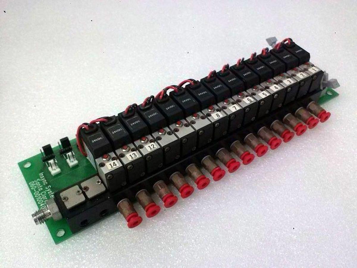 Used Insync Systems 060-0010040-A PCB Assembly with 14 24-Volt Solenoid Valve, Used