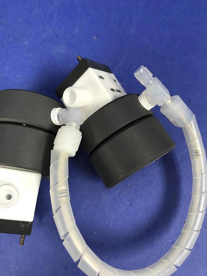 Used Furon NV2-224 HP NO/NC Pneumatic Valve 1/4",60 psi, 100 psi, w/ Tubing, Lot of 2