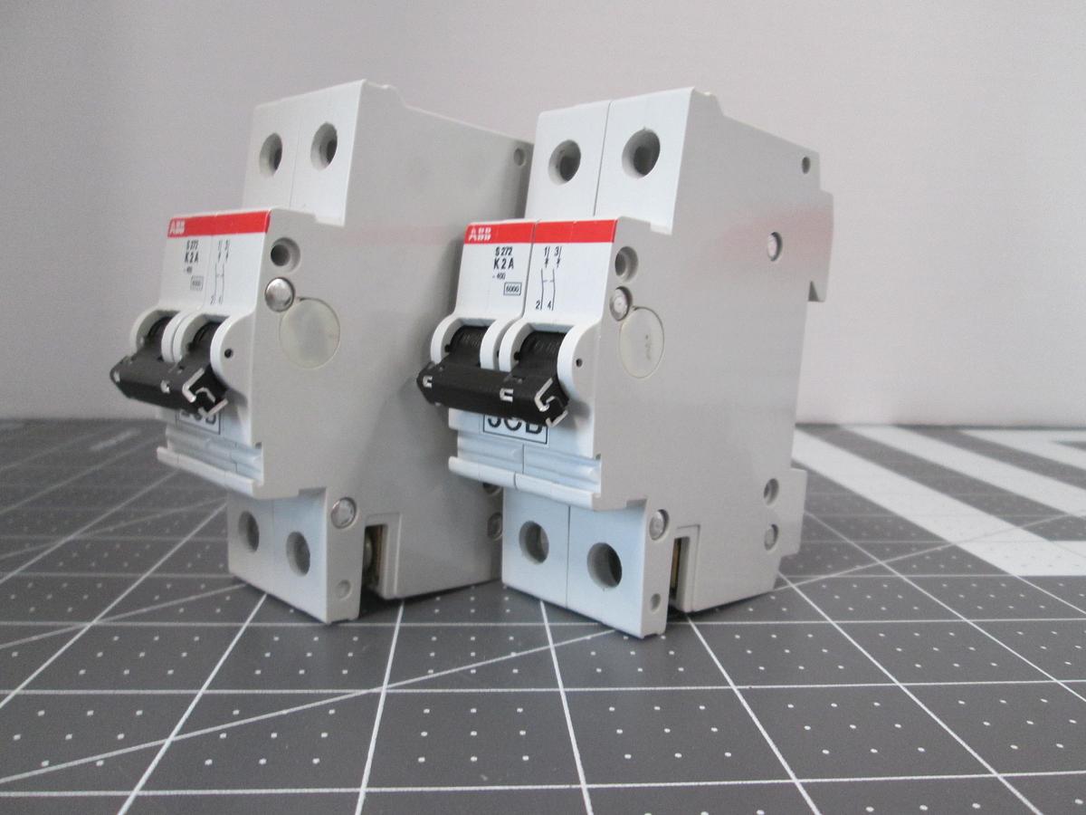 Used ABB, S272-K2A, 2A 2 Pole K Curve Circuit Breaker 220/380VAC DIN Rail Lot of 2
