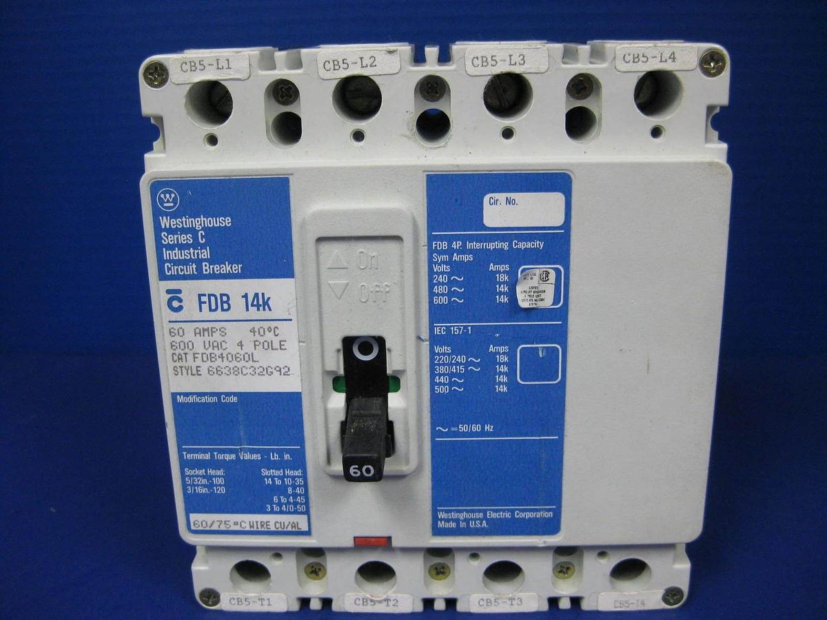 Used Westinghouse Series C FWD4060L Circuit Breaker, 600V 60A, 4 Pole, Used