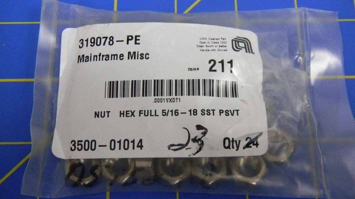 Used AMAT 3500-01014 Nuts, NUT HEX FULL 5/16-18 SST PSVT, Lot of 23