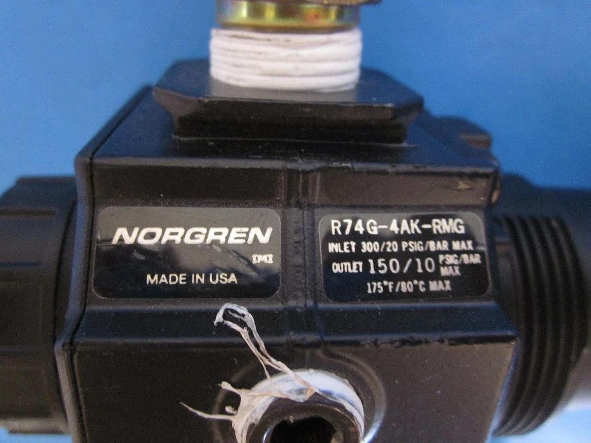 Used NORGREN R74G-4AK-RMG PNEUMATIC PRESSURE REGULATOR w/ Coupler