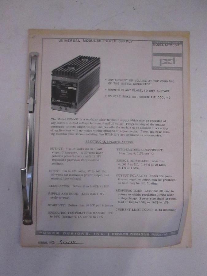 Used Power Designs Model UPM-33 Technical Data, Used