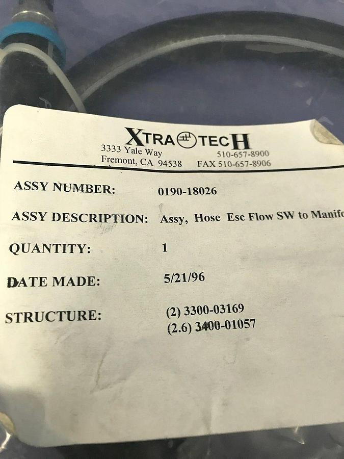 Rubber Hose Assy: Esc Flow SW to Manifold, 0190-18026, Swagelok Fittings, New