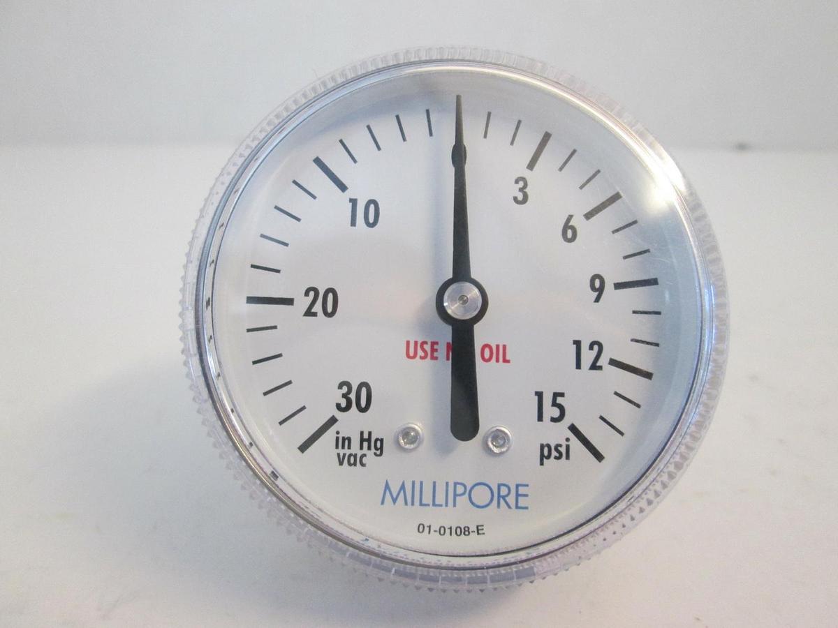 Used Millipore Pressure Gauge 30-0-15 psi, 1/4" NPT, Used
