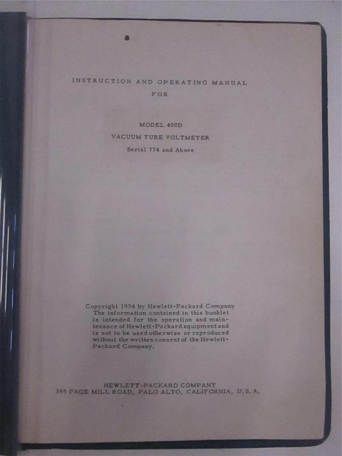 Used HP Model 400D Vacuum Tube Voltmeter Instruction and Operation Manual, Used
