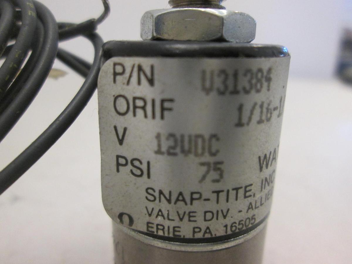 Used Snap-Tite, Solenoid 2 Way Valve, V31384, 75 PSI, 7W, 12 VDC, Used