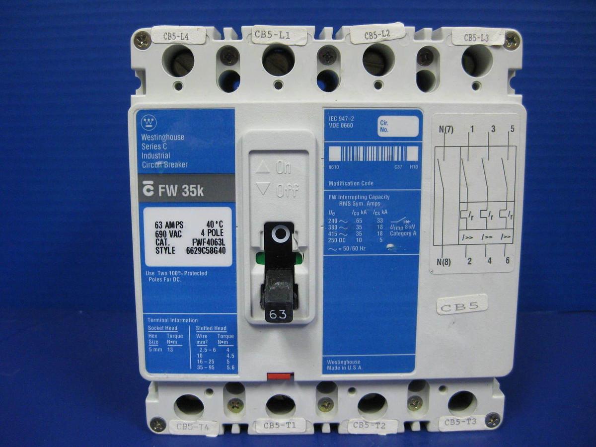 Used Westinghouse Series C FWF4063L Circuit Breaker, 690V 63A, 4 Pole, Used