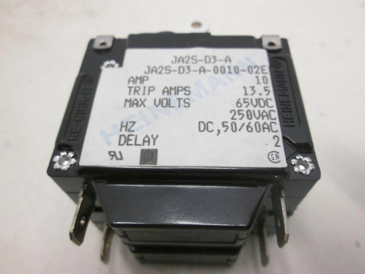 Used Heinemann JA2S-D3-A, 2 Pole Circuit Breaker Switch, 10A, 13.5A, 65VDC, Used