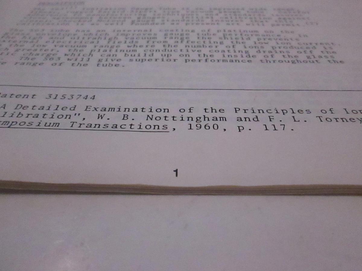 Used Varian Type 563 Ionization Gauge Installation Instruction Manual, Used