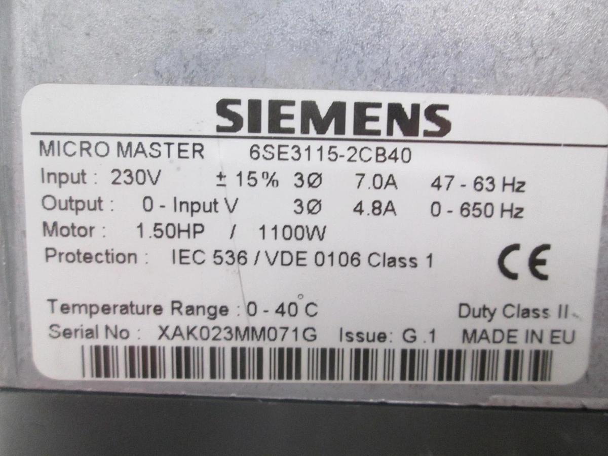 Used Siemens, 6SE3115-2CB40, Micro Master, 230V, 0-40 C Temp Range, Used
