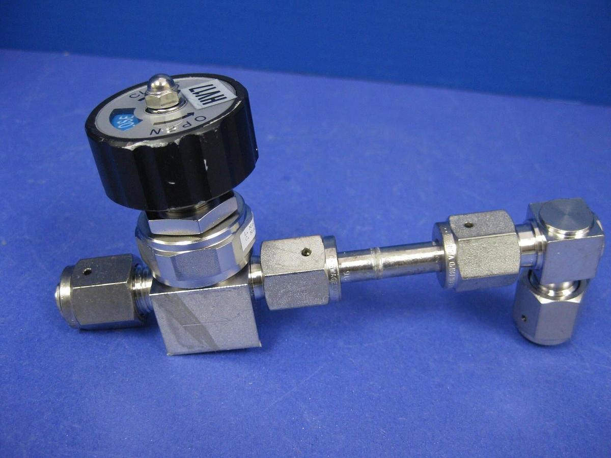 Used Fujikin Indicating Shut Off Valve, 1/4" MVCR x Elbow Tube Assy & 1/4" MVCR