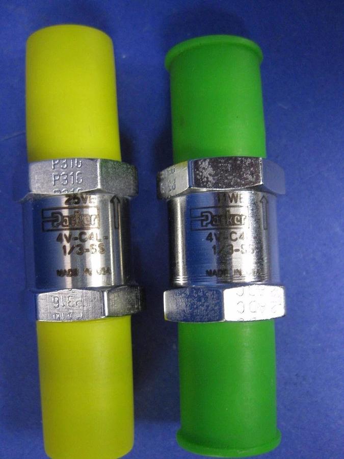 Used Parker 4V-C4L-1/3-SS, Inline Check Valve, 1/4" MVCR, LOT of 2