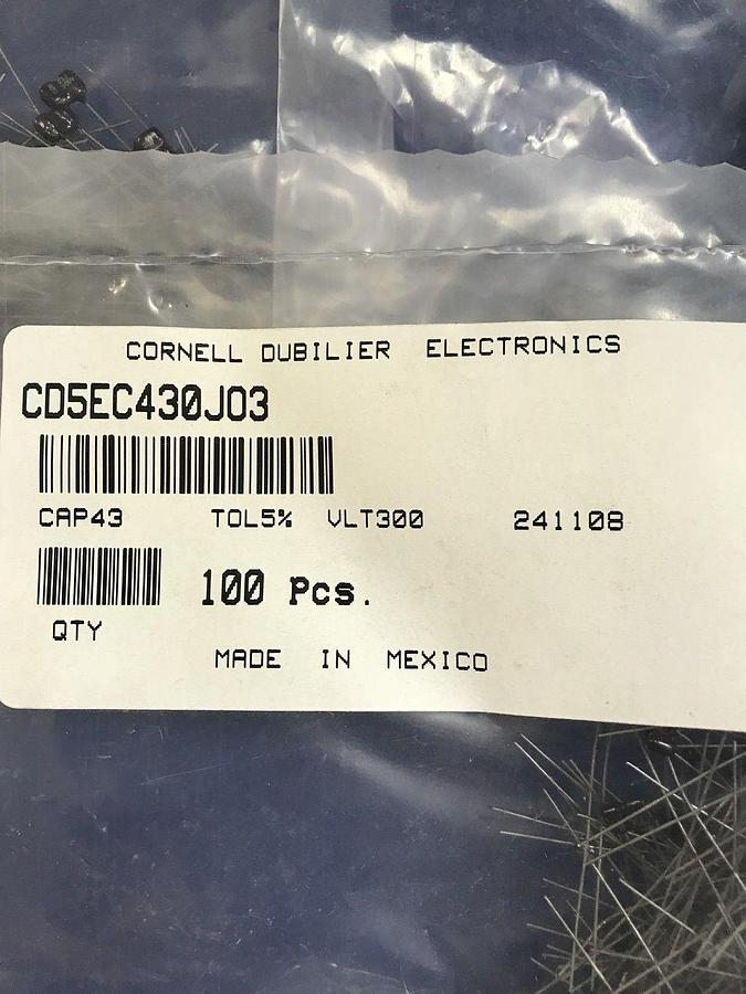 Used Cornell Dubilier CD5EC430JO3 Dipped Mica Capacitor 300V 5%TOL, Lot of 500