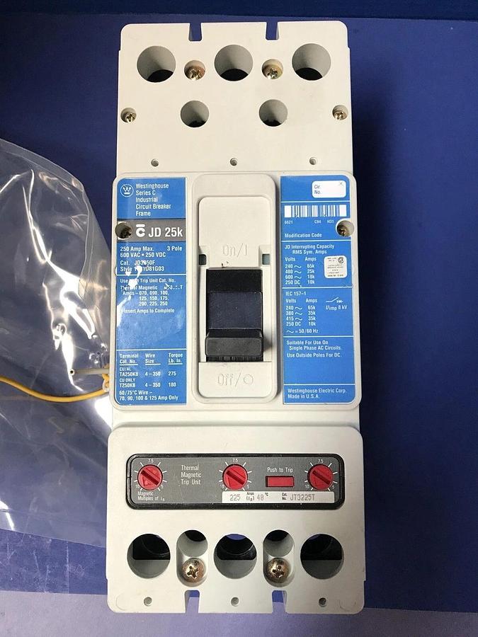 Used WESTINGHOUSE JD 25K JD3250F 250A, 600V Circuit Breaker, Used