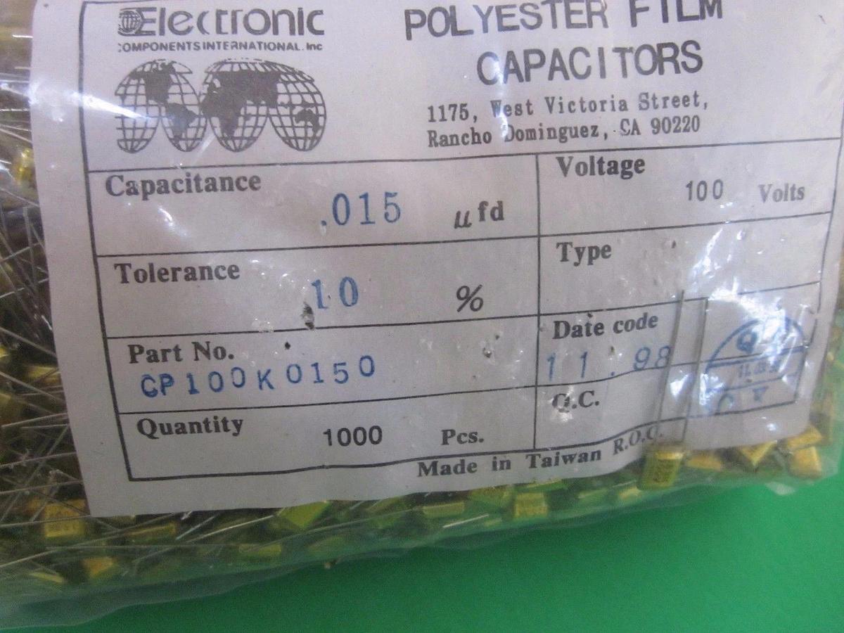 Used EIC Polyester Film Capacitor, CP100K0150, 0.015uF,  100V, 10% - LOT of 1000