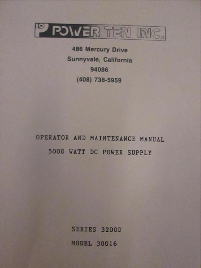 Used Power Ten Series 3200D Model 30016 Operator and Maintenance Manual, Used