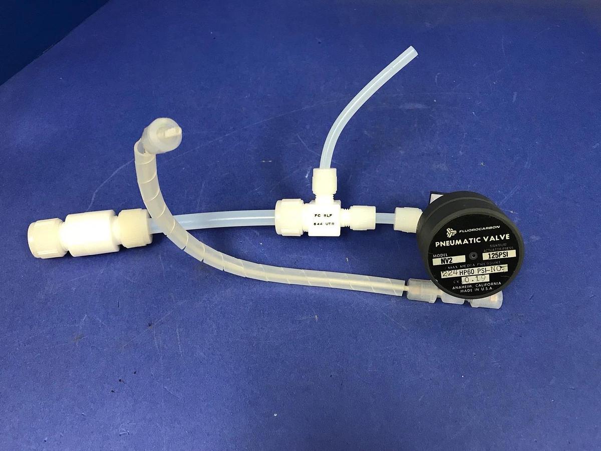 Used Fluorocarbon NV2-224 High Purity N.C. Pneumatic Valve, w/ Teflon Fittings