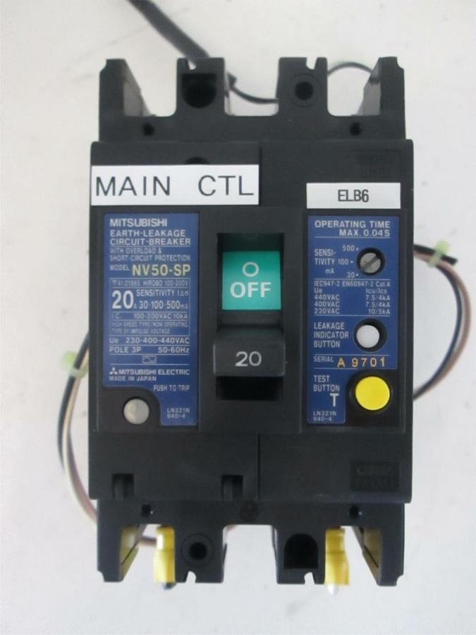 Used Mitsubishi Circuit Breaker Earth Leakage NV50-SP 20A, 3 Pole, Used