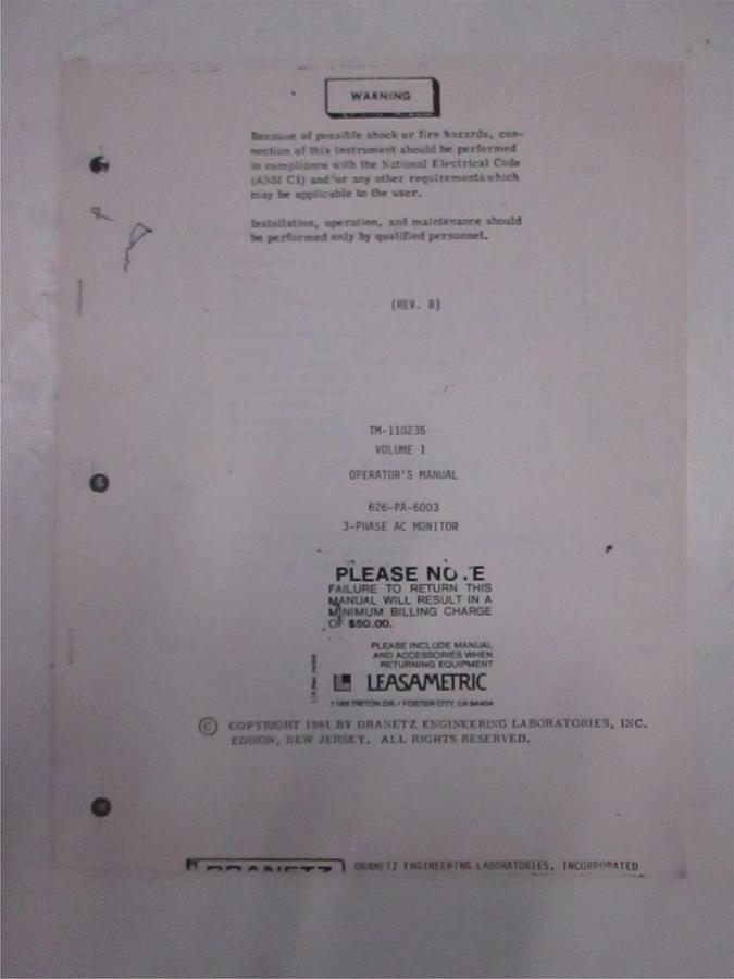 Used Dranetz TM-110235 Volume 1 Operators Manual, Used