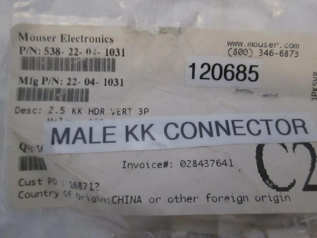 Mouser Electronics Male KK Connector, 2.5 KK HDR Vert 3P, New Lot of 30