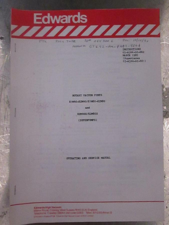 Used Edwards Rotary Vacuum Pumps (Superpumps) Operating and Service Manual, Used