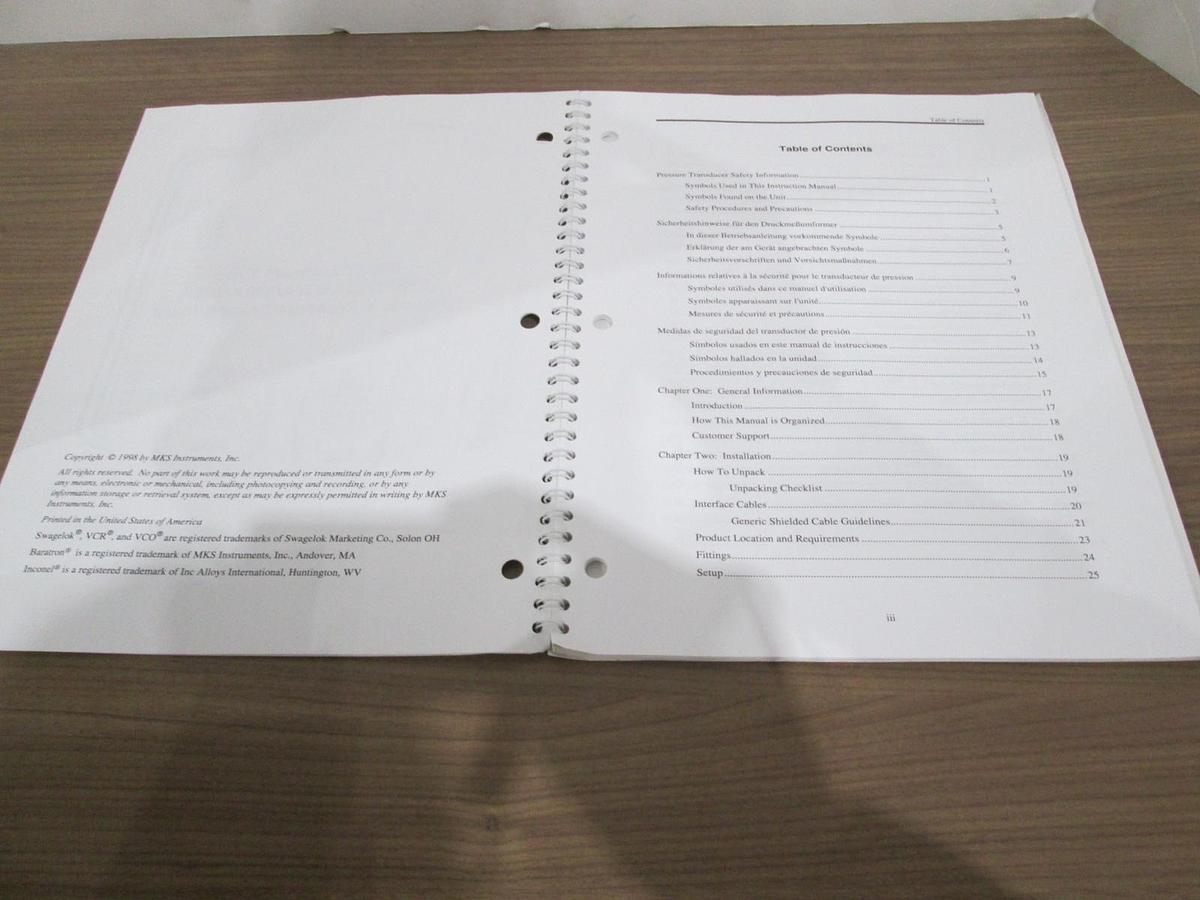 Used MKS, 622A/626A/627A/628A, Baratron Pressure Transducer Instruction Manual, Used