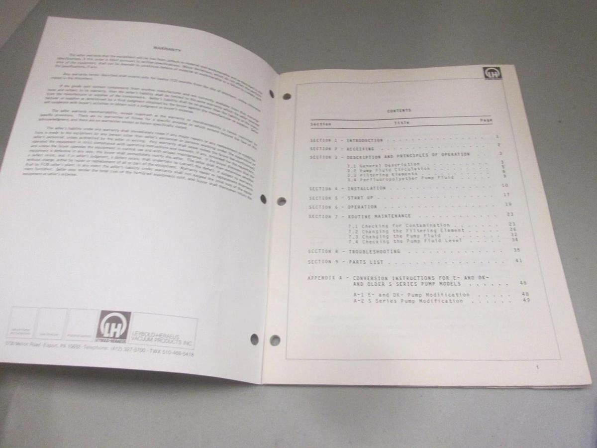 Used Leybold-Heraeus, 722-78-009, OF-1000 Oil Filtering System Manual, Used