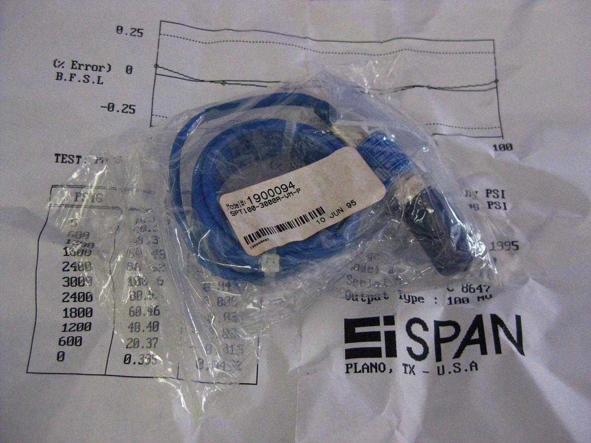 Used Span Instruments SPT100 Series Transducer, 3000 PSIG, 1/4" VCR, Lead Wires, NIB
