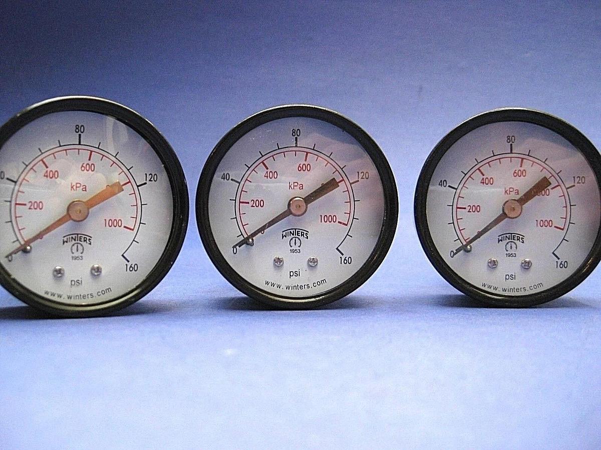 Used Winters Gauge 0-160psi / 0-1000 kPa, 2", 1/2" Swagelok TEE, Lot of 3 Used
