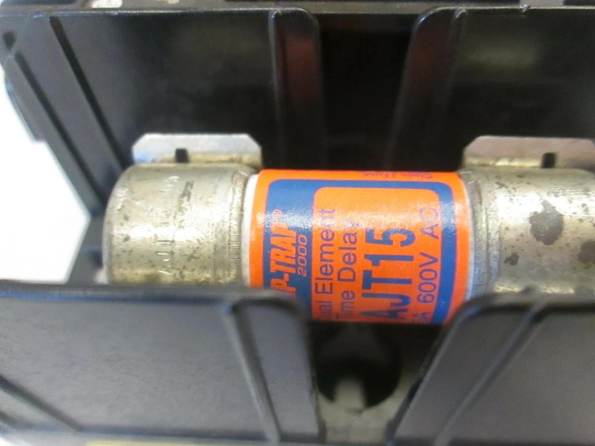 Used Bussman J60030-2S Fuse Holder w/ 2 AJT15 Fuses, Used