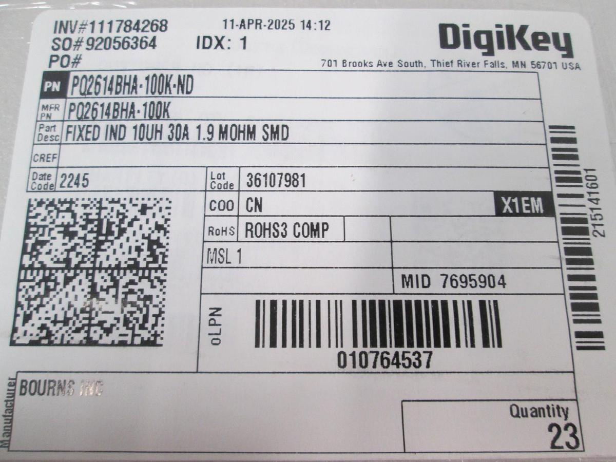 Bourns, Digikey, PQ2614BH-100K-ND, Fixed IND 10uH 30A, 1.9 MOHM, New, Lot of 23