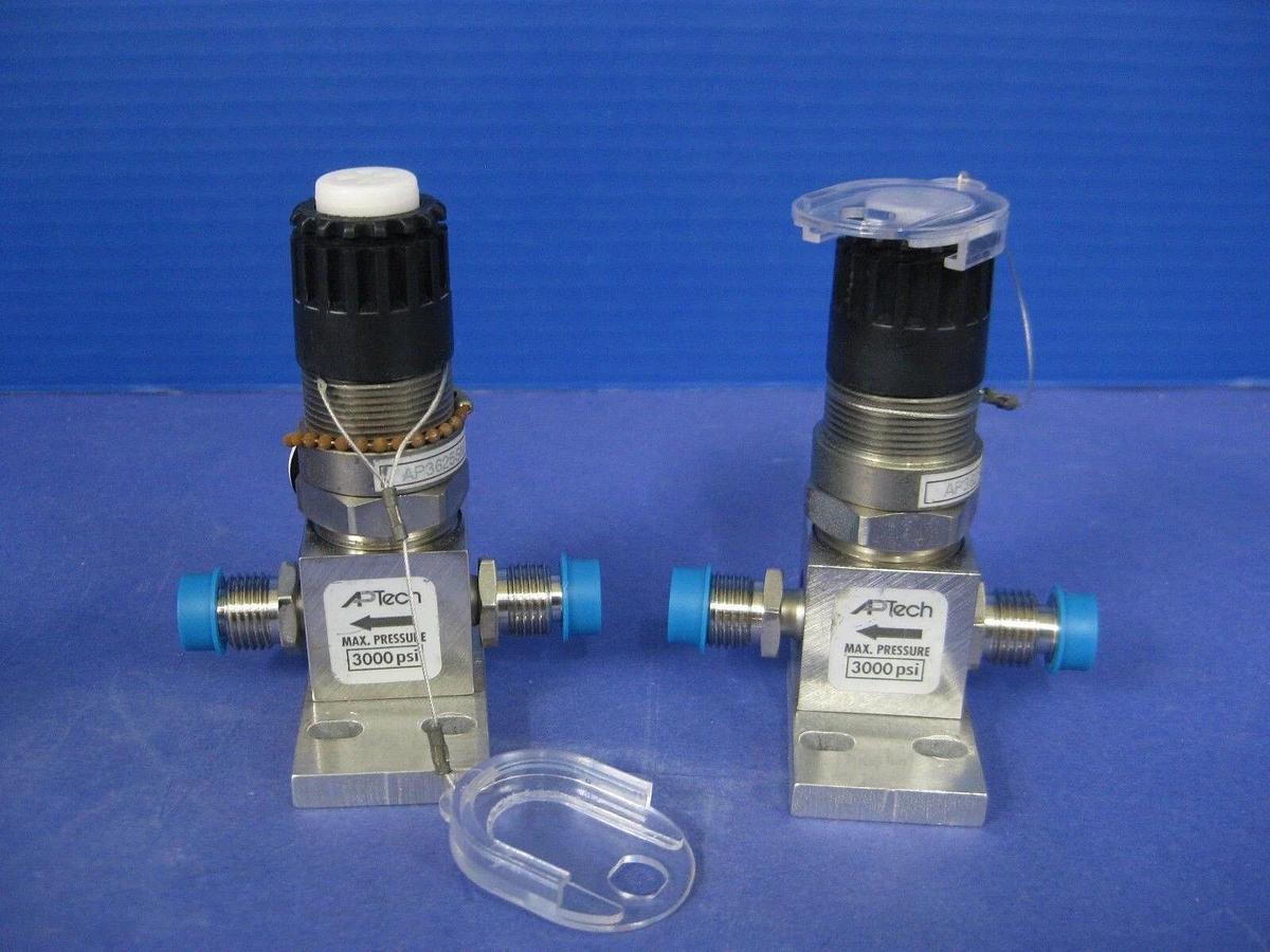 Used APTECH AP3625SM Manual Diaphragm Valve w/ Black Handle & LOTO, Lot of 2
