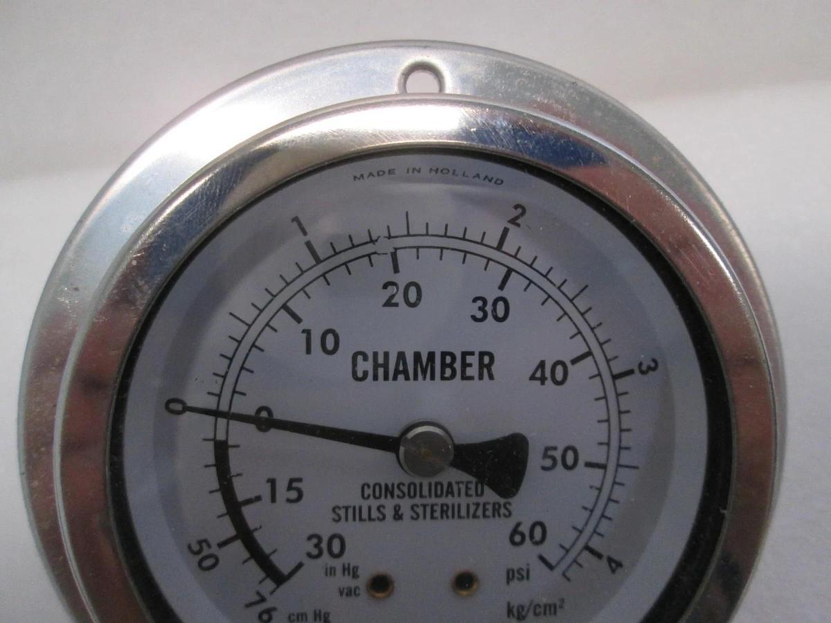 Used Consolidated Stills & Sterilizers, 0-60 PSI Pressure Gauge, Back Mount, Used