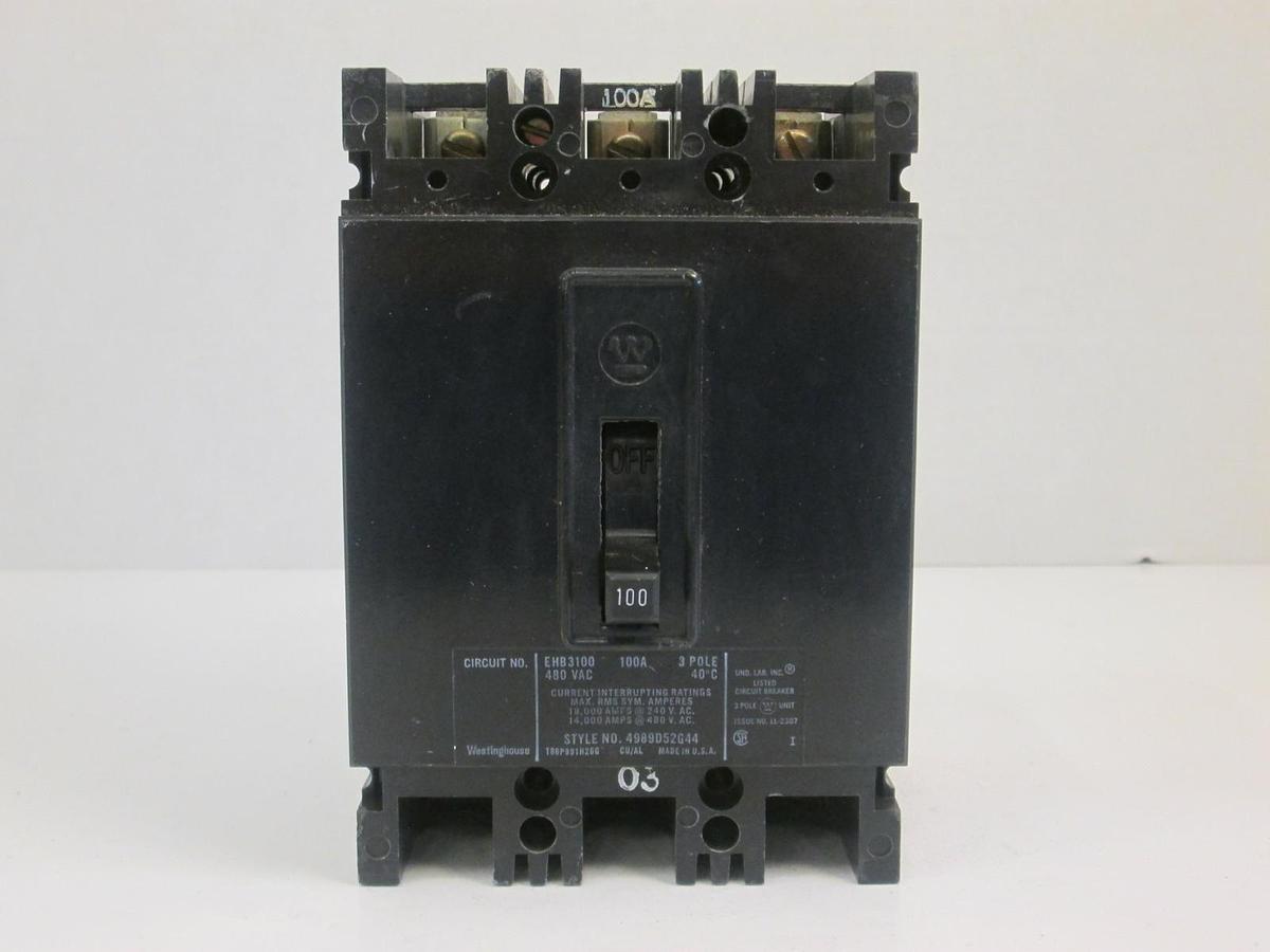 Used Westinghouse EHB3100 Circuit Breaker, 480 VAC 100A, 3 Pole