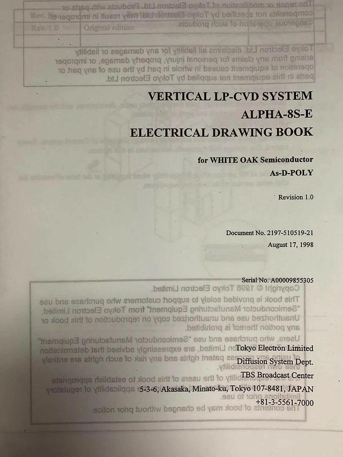 Used TEL ALPHA-8S-E Vertical LP-CVD As-D-POLY Electrical Drawing Book A00009855305