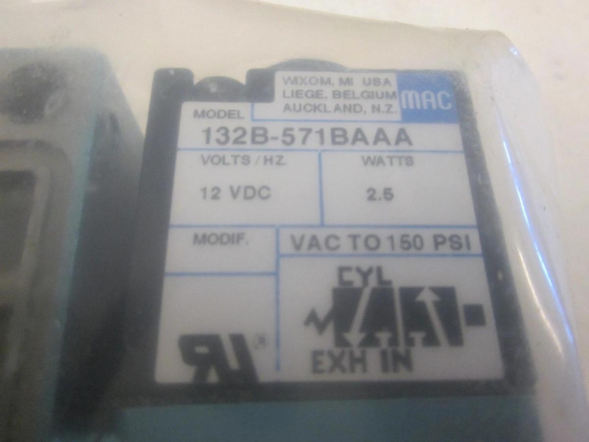 MAC, 132B-571BA, Solenoid Valve, 2.5W, 12 VDC, VAC to 150 PSI, New