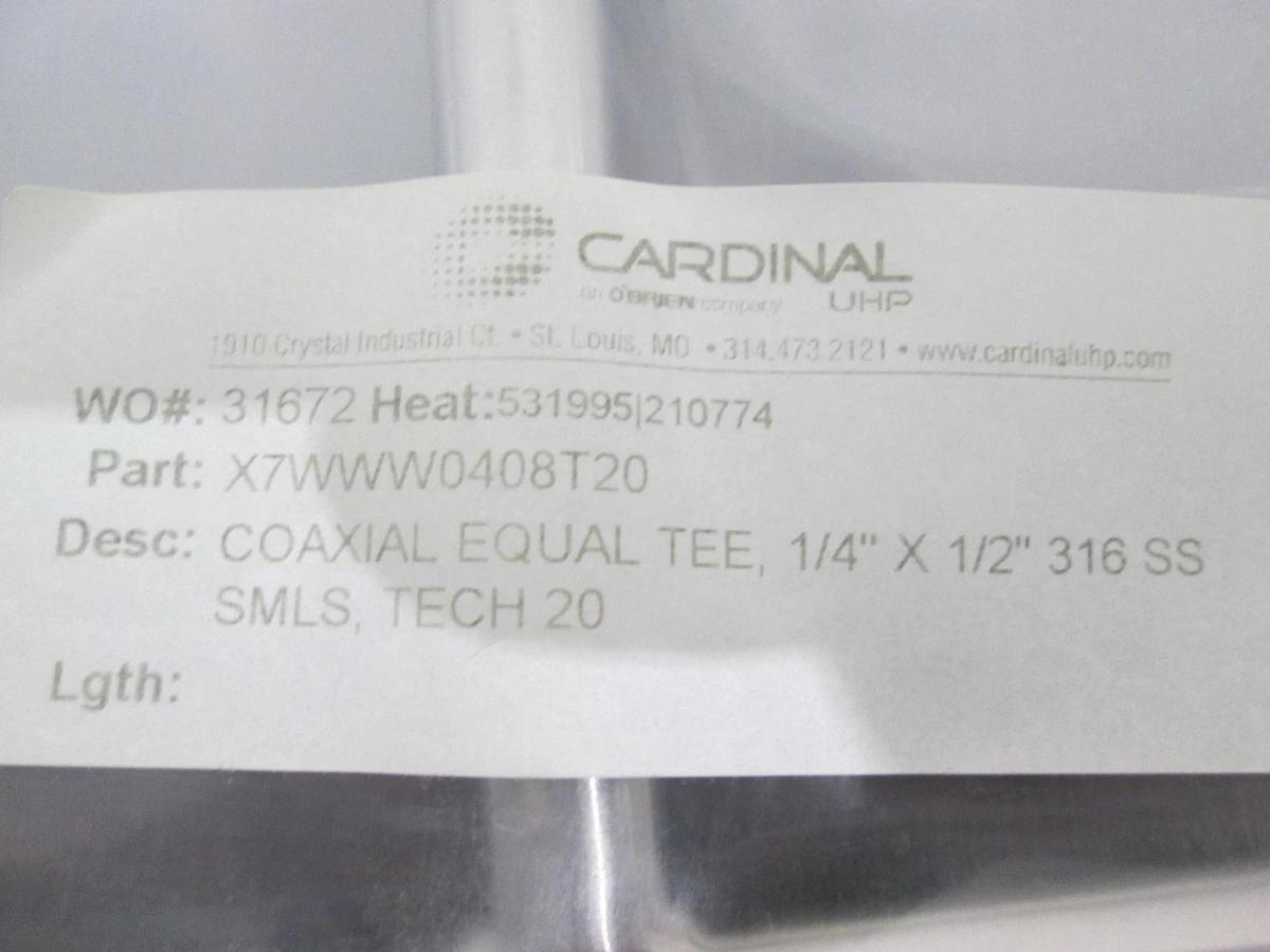 Cardinal, X7WWW0408T20, Coaxial Equal Tee, 1/4" x 1/2" 316L SS SMLS Tech 20, New