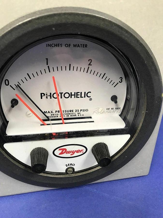 Used Dwyer 3003C Photohelic Gauge 0 to 3" Water, w/ Mounting Panel & Wiring, Used
