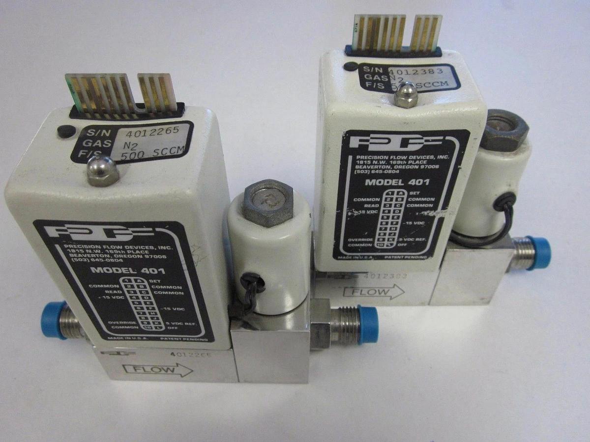 Used Precision Flow 401 MFC, Gas: N2, Range: 500SCCM, 1/4" M VCR In/Out - LOT of 2