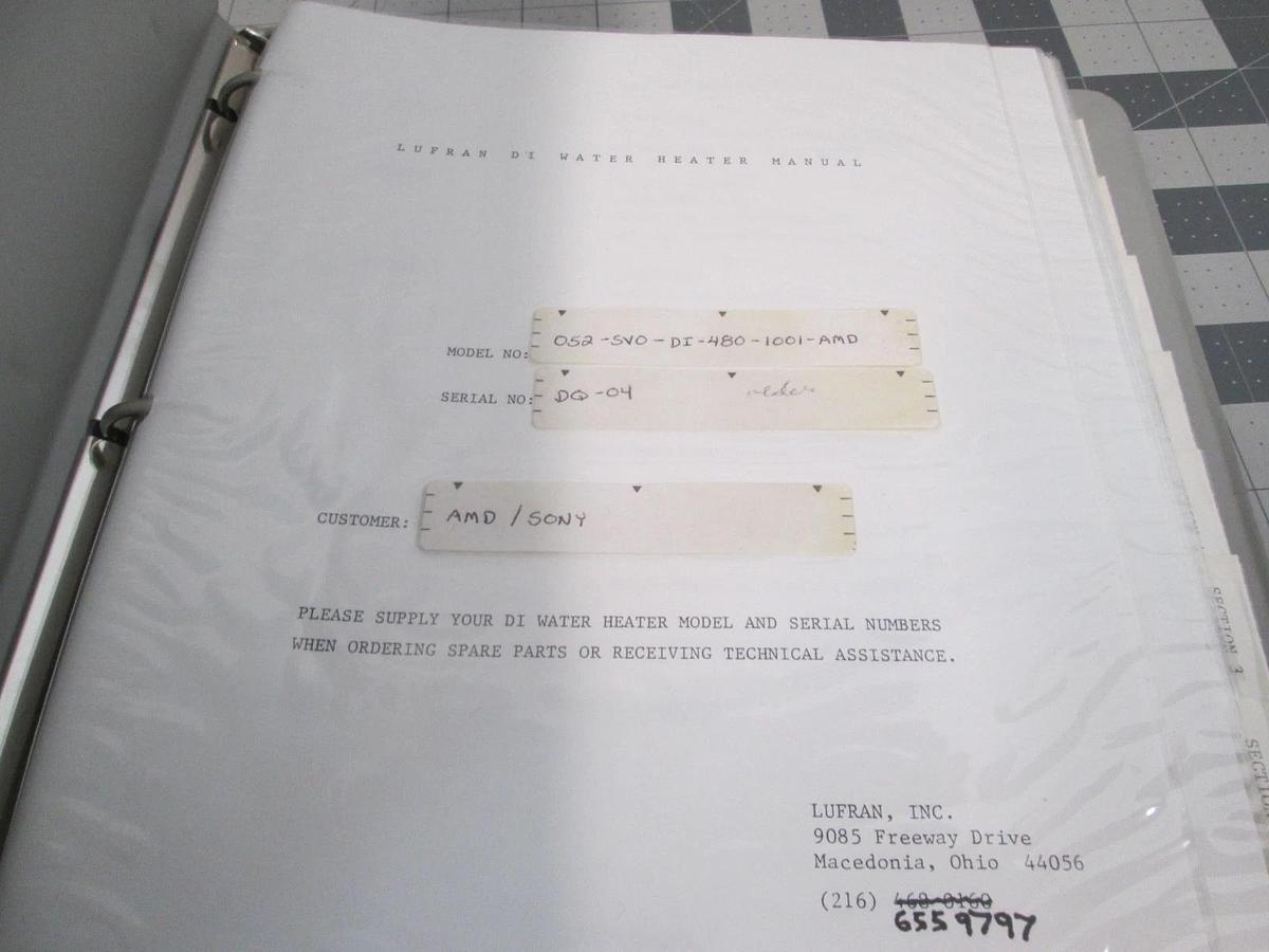 Used Lufran, 052-SVO-Di-480-1001, Ultrapure DI Water Heater Manual, Used
