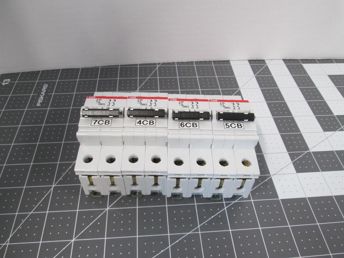 Used ABB, S262-D2, 2 Pole 2A Type D Circuit Breaker 400VAC DIN Rail Lot of 4