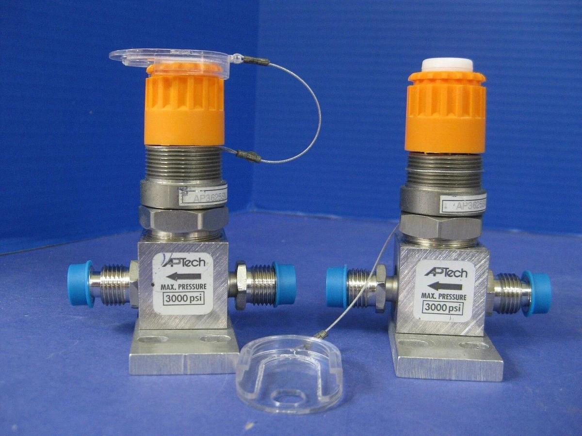 Used APTECH AP3625SM Manual Diaphragm Valve w/ Orange-Yellow Handle & LOTO, Lot of 2