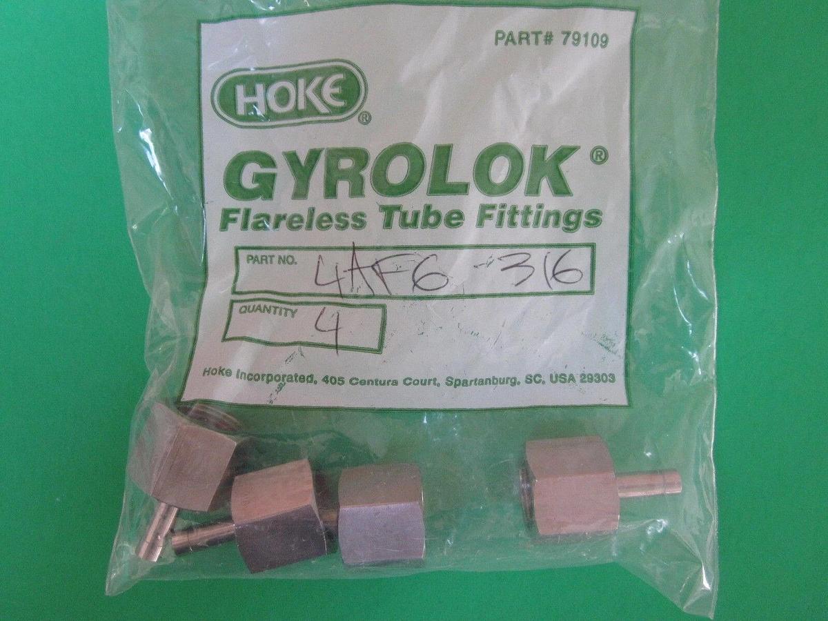 Used Hoke Gyrolok 4AF6-316 Tube Adapter 1/4" Tube OD  x 3/8" FNPT 316 SS - Lot of 4