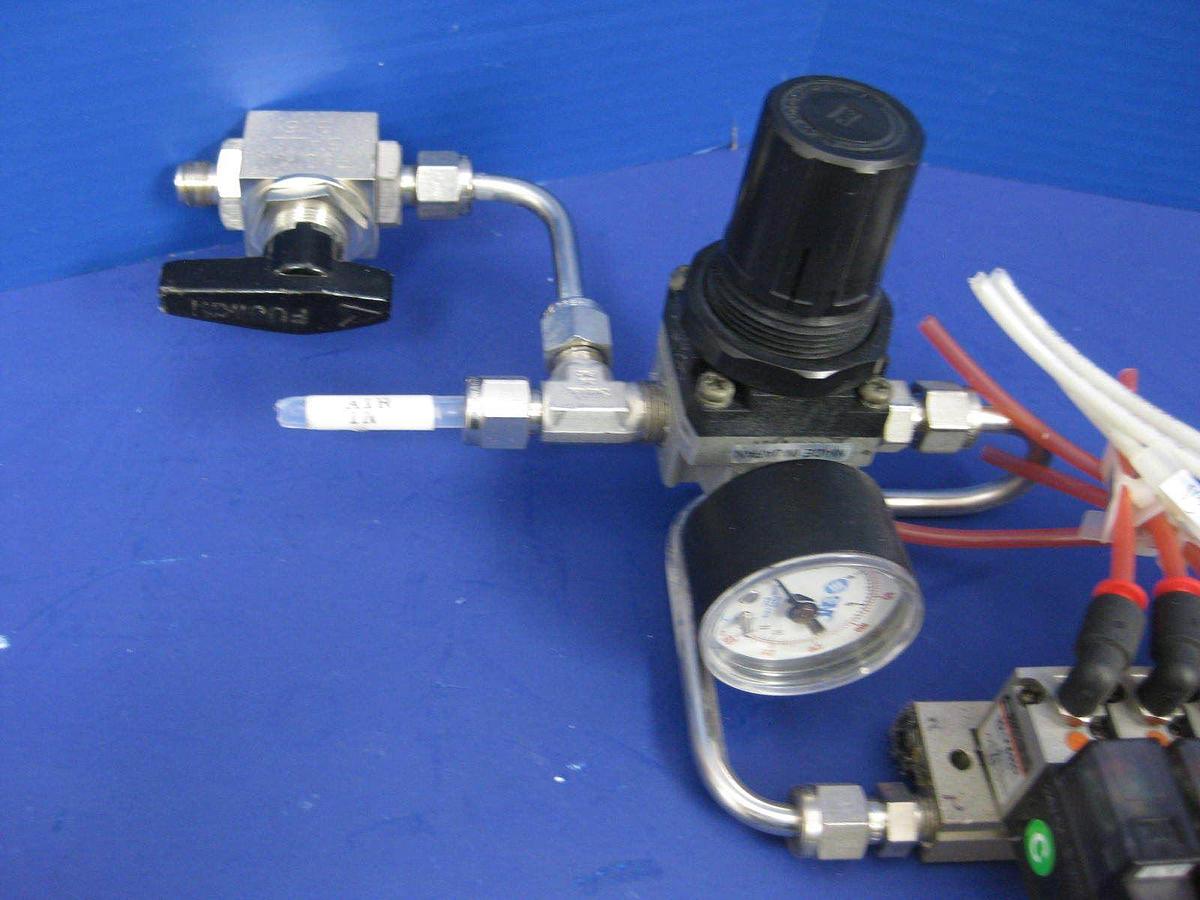 Used SMC 10-VZ110 Valve Assembly w/ 24 Valves, 2 Manifolds, Regulator, Press. Switch