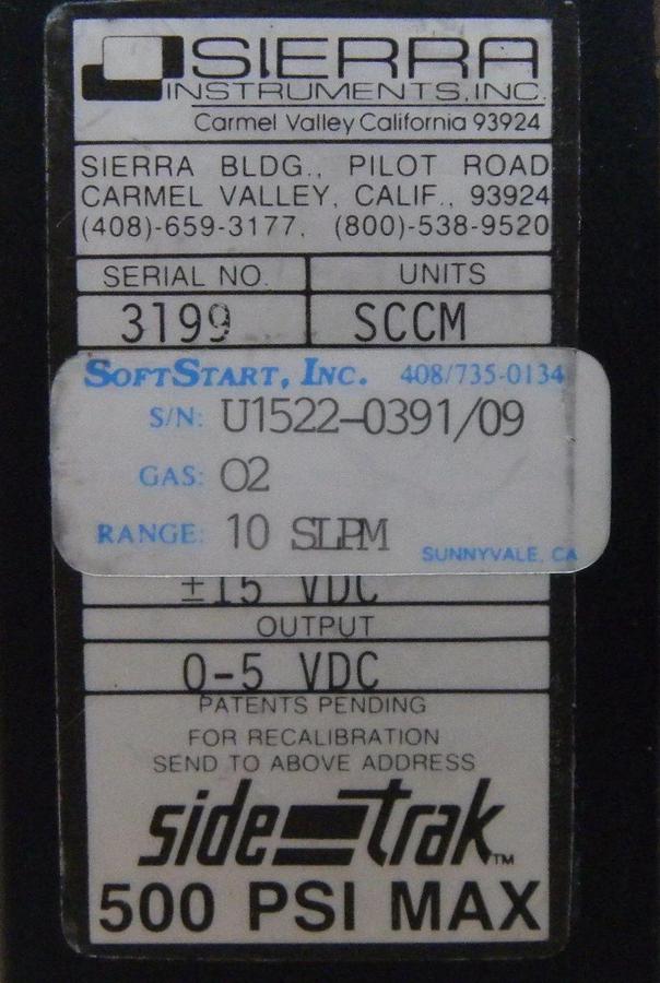 Used Sierra Instruments Sidetrak Mass Flow Controller, O2, 1-10 SLPM, Used