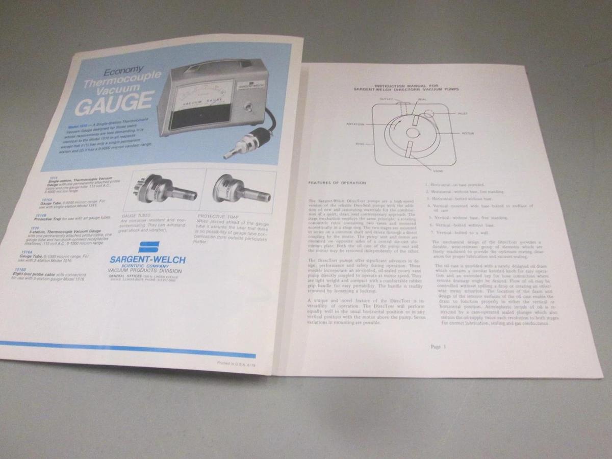 Used Sargent-Welch, 41-2937DirecTorr Vacuum Pump Operation & Maintenance Manual, Used